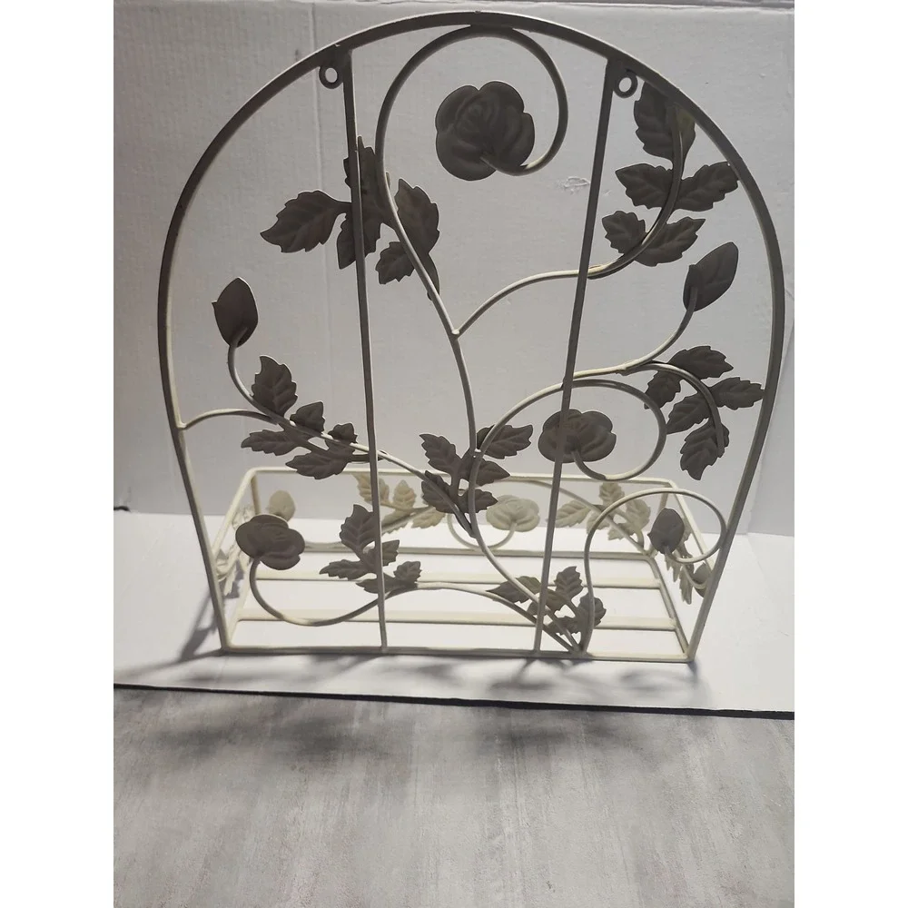 Vtg Metal Wrought Iron Wall Hanging Shelf Floral Decor Beige Distressed 19 in.